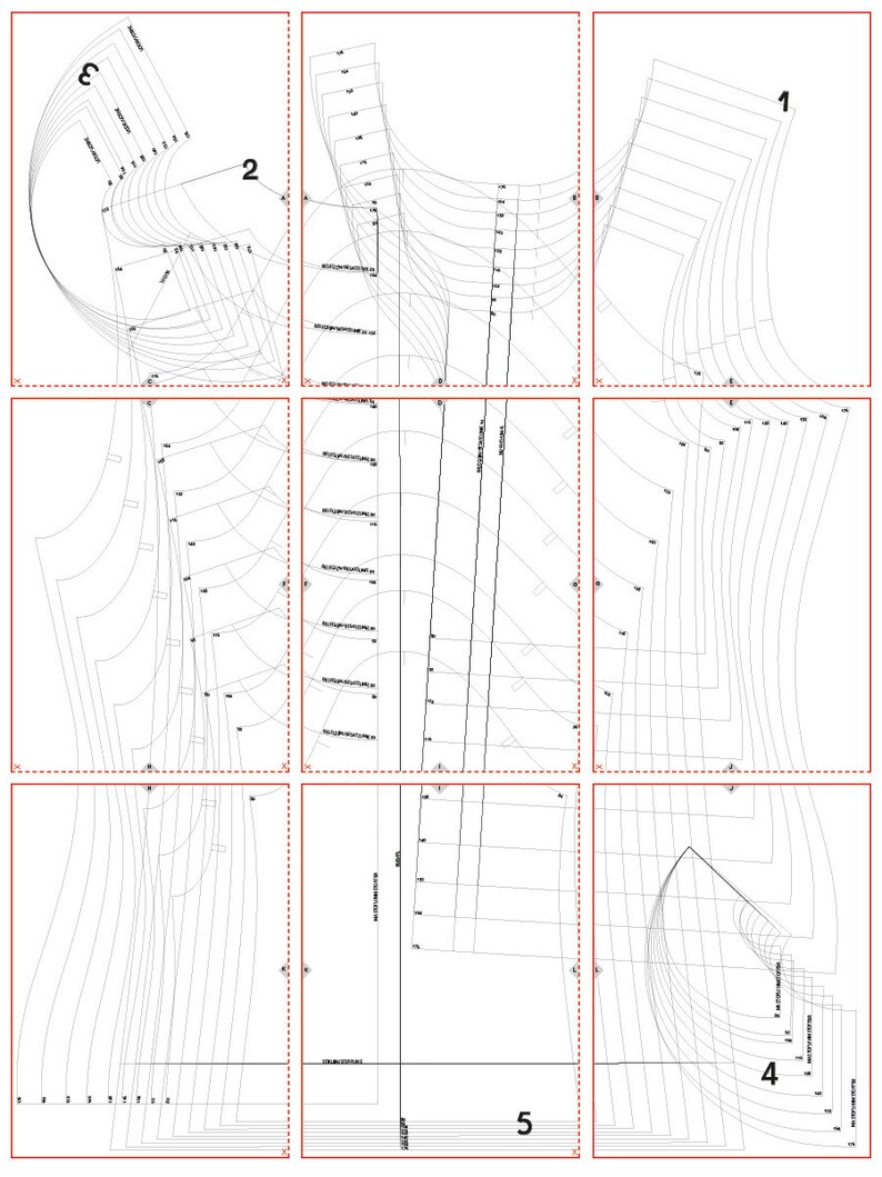 Peut inclure: Un patron de couture avec neuf pi&egrave;ces diff&eacute;rentes, num&eacute;rot&eacute;es de 1 &agrave; 5 et &eacute;tiquet&eacute;es avec des lettres. Le patron est pour un v&ecirc;tement, peut-&ecirc;tre une robe ou un chemisier.