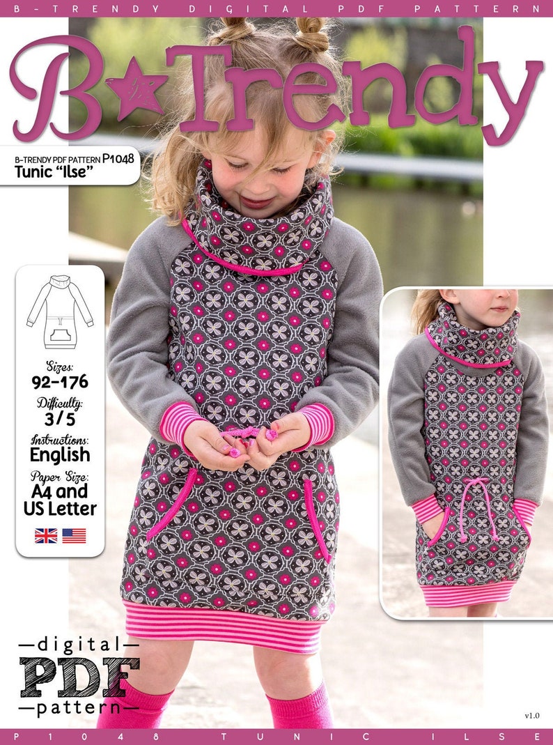 Peut inclure: Patron de couture num&eacute;rique PDF pour une tunique grise et rose avec un col montant et une poche kangourou. Le patron est disponible pour les tailles 92-176 et a un niveau de difficult&eacute; de 3/5. Le patron est disponible en anglais et n&eacute;cessite du papier A4 ou US Letter.