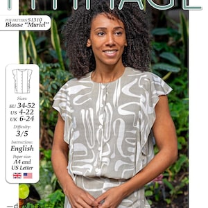 May include: A woman wearing a light gray blouse and matching pants with a white abstract pattern. The image is a digital PDF pattern for a blouse called "Muriel". The pattern includes sizes EU 34-52, US 4-22, and UK 6-24.