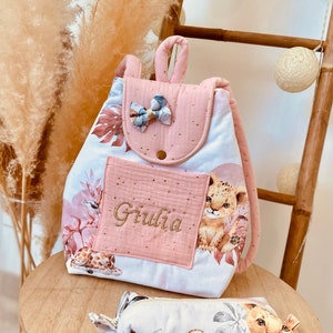Personalized children's backpack for school with adjustable straps, nursery or nanny, baby pink savannah with bow