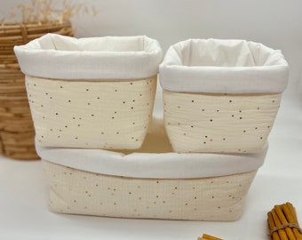 Baby storage baskets in double ecru cotton gauze with gold polka dots