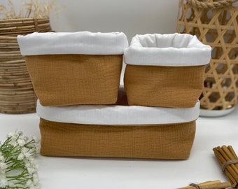 Baby storage baskets in plain camel double cotton gauze