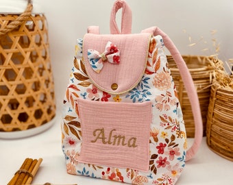 Personalized children's backpack for school, nursery or nanny, summer flowers and light pink