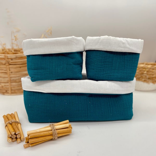 Panières de rangement pour bebe en double gaze de coton bleu paon uni