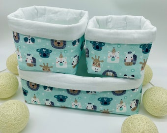 Fabric basket for baby changing table storage for wipes, diapers and products, animal theme.