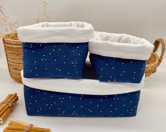 Baby storage baskets in indigo blue double cotton gauze with gold polka dots