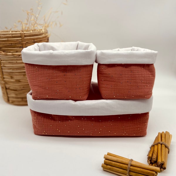 Panières de rangement pour bebe en double gaze de coton terracotta à pois doré