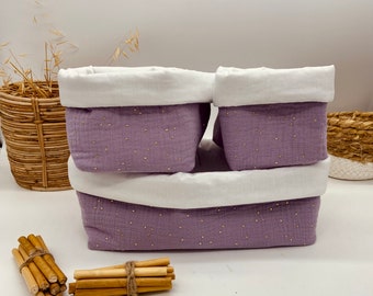 Baby storage baskets in light purple double cotton gauze with gold polka dots