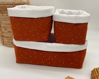 Baby storage baskets in double rust cotton gauze with gold polka dots