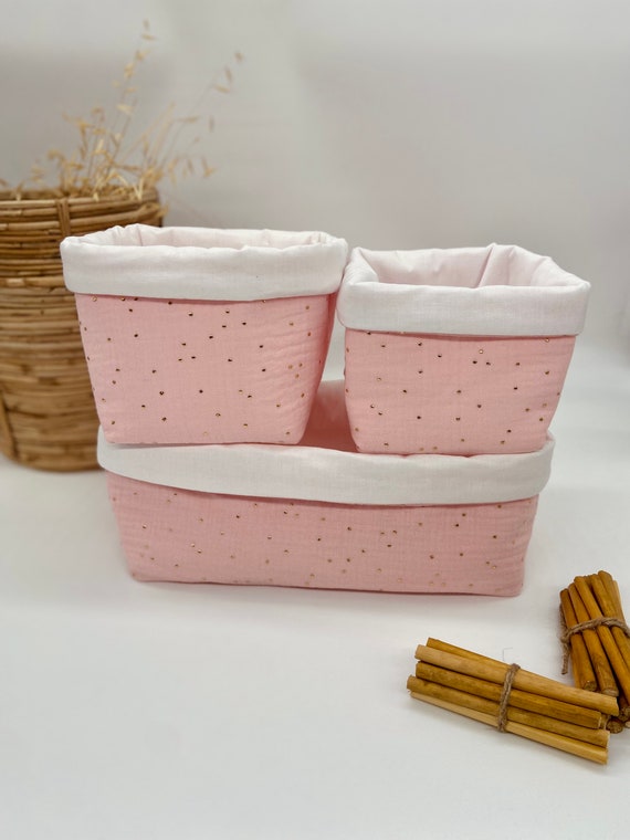 Cestas de almacenaje para bebé en doble gasa de algodón rosa con lunares  dorados
