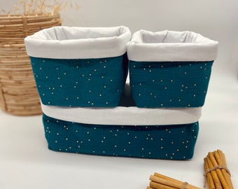 Storage baskets for baby in double cotton gauze peacock blue with gold polka dots