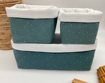 Baby storage baskets in double eucalyptus cotton gauze with gold polka dots