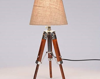 Nautical Vintage Wooden Table /Desk Lamp Tripod Stand With jute Shade Home Decor