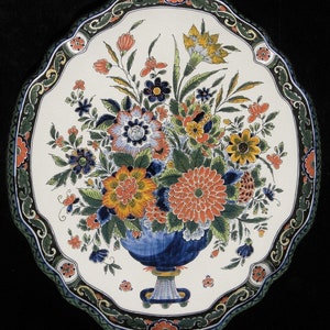 Royal Delft polychrome 1975 LARGE handpainted plaque with flower bouquet Porceleyne Fles image 1