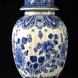 Large Delft Blue Vase, RAM Pottery Peonies, 1950s Handpainted