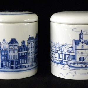 Royal Delft blue TWO handmade cookie jars Amsterdam Canal houses & Vermeer View of Delft (Porceleyne Fles, with gift boxes)