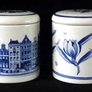 Royal Delft blue TWO handmade cookie jars Amsterdam Canal houses & Tulips (Porceleyne Fles, with gift boxes)
