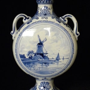 Royal Delft antique 1907 handpainted jug Pilgrim vase with Windmill Porceleyne Fles image 1