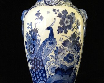 Royal Delft antique (< 1915) LARGE handpainted vase w. peacock in cartouche and lionheads in relief (Porceleyne Fles)