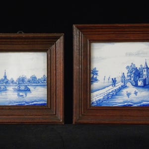 Antique Delftware Tiles (2): Handpainted Dutch Landscape Scenes, Framed 1910s