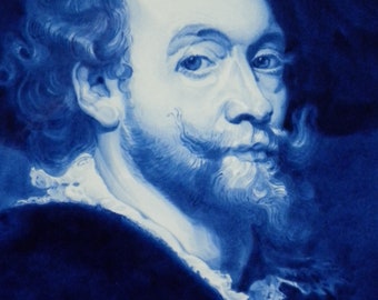 Royal Delft blue (1972) LARGE handpainted plate with Peter-Paul Rubens self-portrait (Porceleyne Fles)