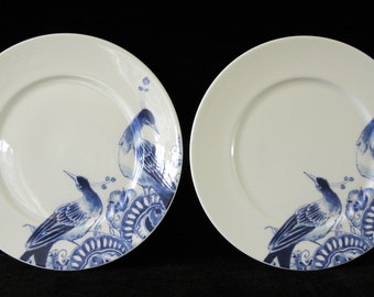 Royal Delft blue TWO handmade porcelain Peacock dessert plates (Porceleyne Fles, with gift box)