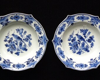 Royal Delft blue (1936) PAIR of handpainted hexagonal plates with bird and floral decor (Porceleyne Fles)