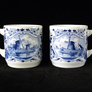 Royal Delft blue TWO handmade mugs with windmills (Porceleyne Fles, with gift box)