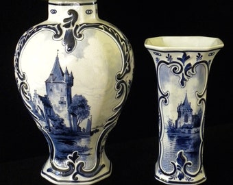 Royal Delft rare antique (1908) VERY LARGE handpainted two-piece kaststel: covered pul & beaker vase w. romantic scene (Porceleyne Fles)