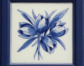 Royal Delft blue handmade tile with frame Tulips (Porceleyne Fles, with gift box)