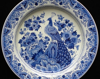 Royal Delft blue (1947) LARGE handpainted Peacock plate (Porceleyne Fles)