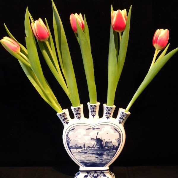Royal Delfts blauwe handgemaakte Tulpenvaas 5-tuit Molen (Porseleyne Fles, met geschenkdoos)