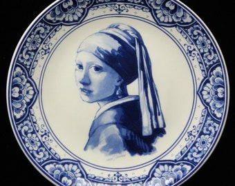 Royal Delft blue handmade Blueware plate "Girl with pearl earring" (after Vermeer) in floral decor (Porceleyne Fles, with gift box)