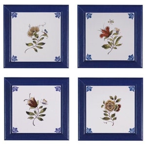 Royal Delft polychrome FOUR handmade flower tiles with frame Porceleyne Fles, with gift box image 1