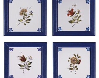 Royal Delft polychrome FOUR handmade flower tiles with frame (Porceleyne Fles, with gift box)