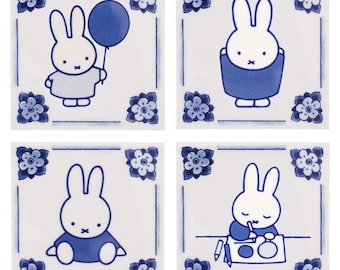 Royal Delft blue FOUR handmade tiles Miffy (Porceleyne Fles, with gift box) デルフトブルーミッフィー