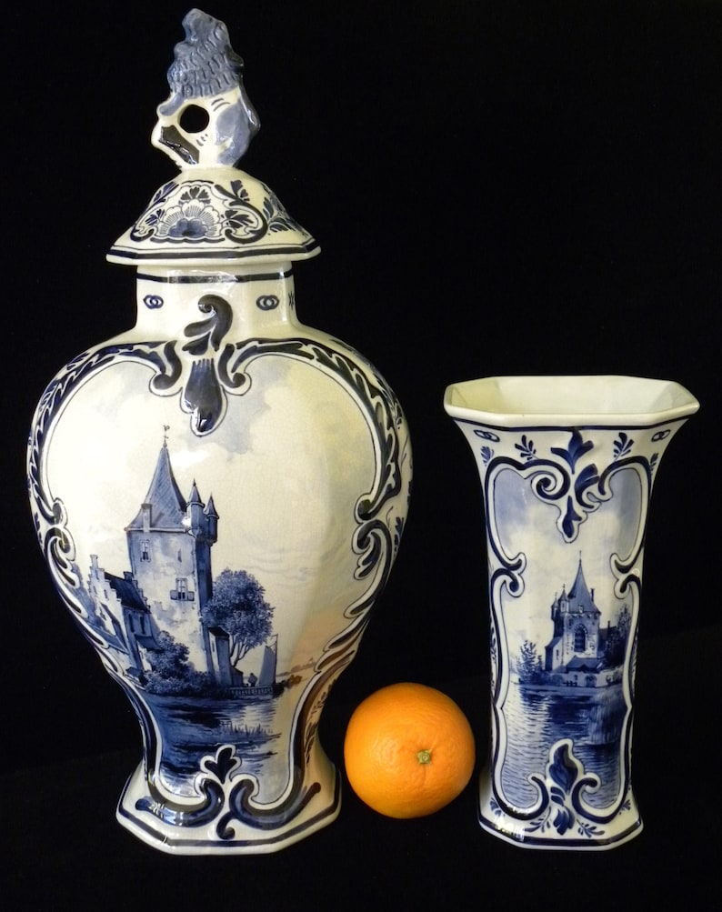 Royal Delft rare antique 1908 VERY LARGE handpainted two-piece kaststel: covered pul & beaker vase w. romantic scene Porceleyne Fles image 2