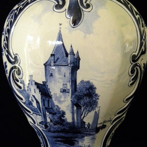 Royal Delft rare antique 1908 VERY LARGE handpainted two-piece kaststel: covered pul & beaker vase w. romantic scene Porceleyne Fles image 3