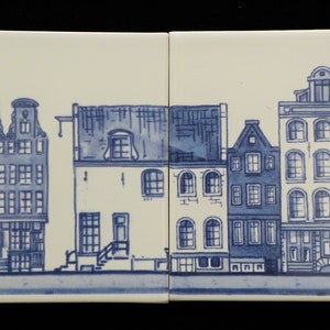 Royal Delfts blauw VIER Amsterdamse grachtenhuisjes handgemaakte tegels Porceleyne Fles, met geschenkverpakking image 1