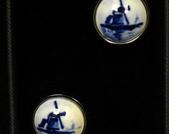 Royal Delft blue handpainted cufflinks round windmill (Porceleyne Fles, with gift box)