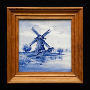 Royal Delft Hand-Painted Windmill Tile in Oak Frame (1980)