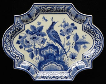 Royal Delft blue (1982) handpainted octagonal Peacock plaque (Porceleyne Fles)