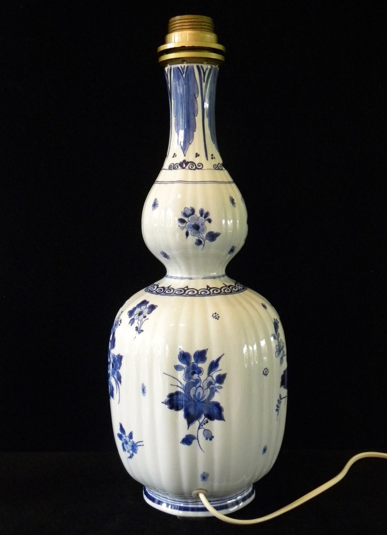 Royal Delft blue 1981 LARGE handpainted ribbed double-gourd lampbase, model Japanse fles Porceleyne Fles image 4