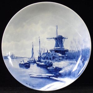 Royal Delft antique (1895) handpainted plate "Outside in winter" after du Chattel (Porceleyne Fles)