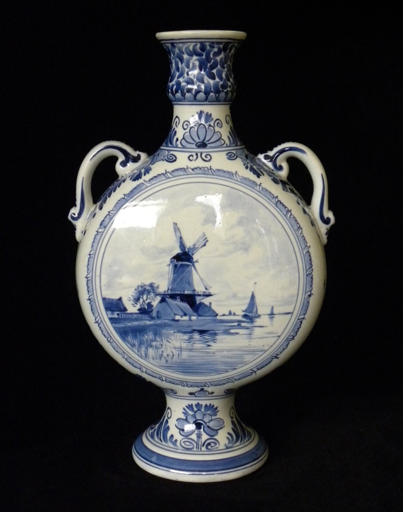 Royal Delft antique 1907 handpainted jug Pilgrim vase with Windmill Porceleyne Fles image 1