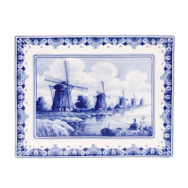 Koninklijk Delfts blauwe handgemaakte TWEE borden met Windmolens Porceleyne Fles, met geschenkdoos image 4