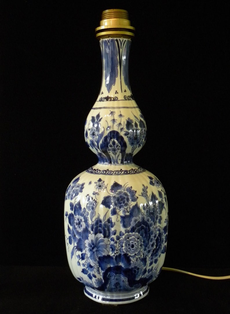 Royal Delft blue 1981 LARGE handpainted ribbed double-gourd lampbase, model Japanse fles Porceleyne Fles image 1