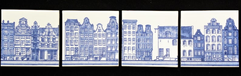 Royal Delfts blauw VIER Amsterdamse grachtenhuisjes handgemaakte tegels Porceleyne Fles, met geschenkverpakking image 4