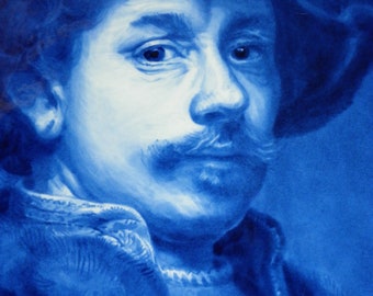 Royal Delft blue (1972) LARGE handpainted plate with Rembrandt van Rijn self-portrait (Porceleyne Fles)