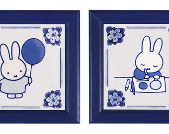 Royal Delft blue TWO handmade tiles with frame Miffy Balloon & Miffy Coloring (Porceleyne Fles, with gift box)